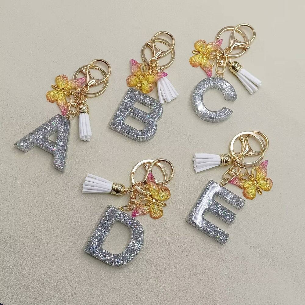 Silver Sequined Resin Letter Charm Keychains